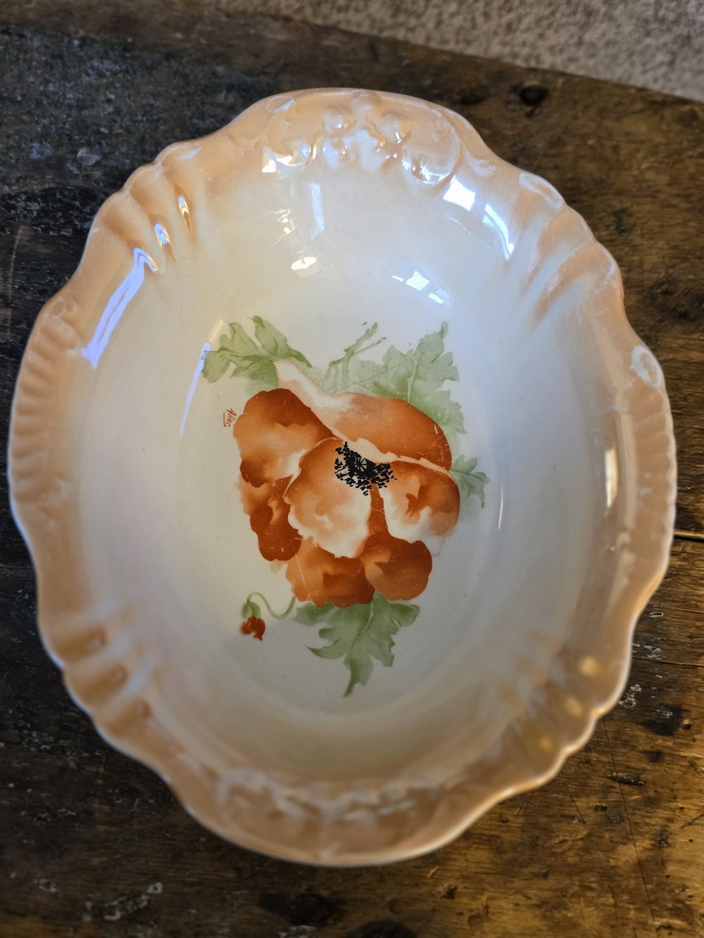 Harker Pottery Hand-Painted Floral Ceramic Serving Bowl in Peach and Cream